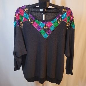 Colorful Vintage Sequined Black Sweater